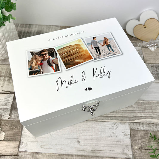 Personalised Couples Photo White Wooden Keepsake Memory Box - 3 Sizes (22cm | 27cm | 30cm)