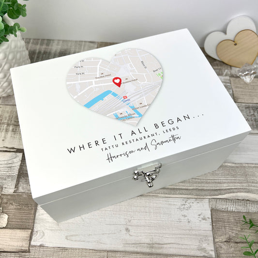 Personalised Map Location Heart White Keepsake Box - 3 Sizes (22cm | 27cm | 30cm)