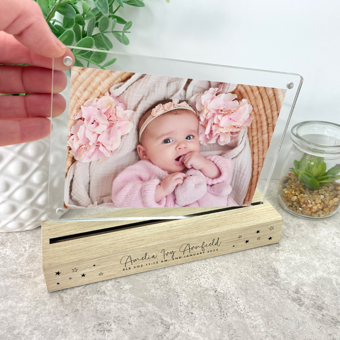 Personalised Baby Stars Wooden Base 6x4" Photo Frame