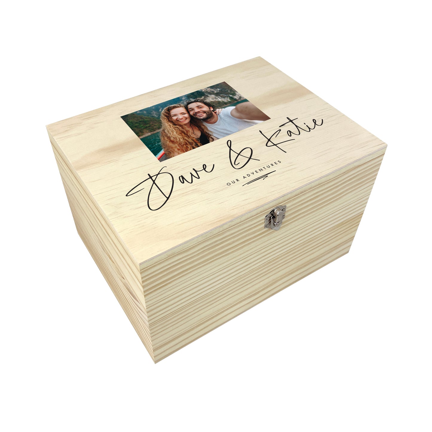 Personalised Couples Names Pine Photo Keepsake Memory Box - 5 Sizes (16cm | 20cm | 26cm | 30cm | 36cm)