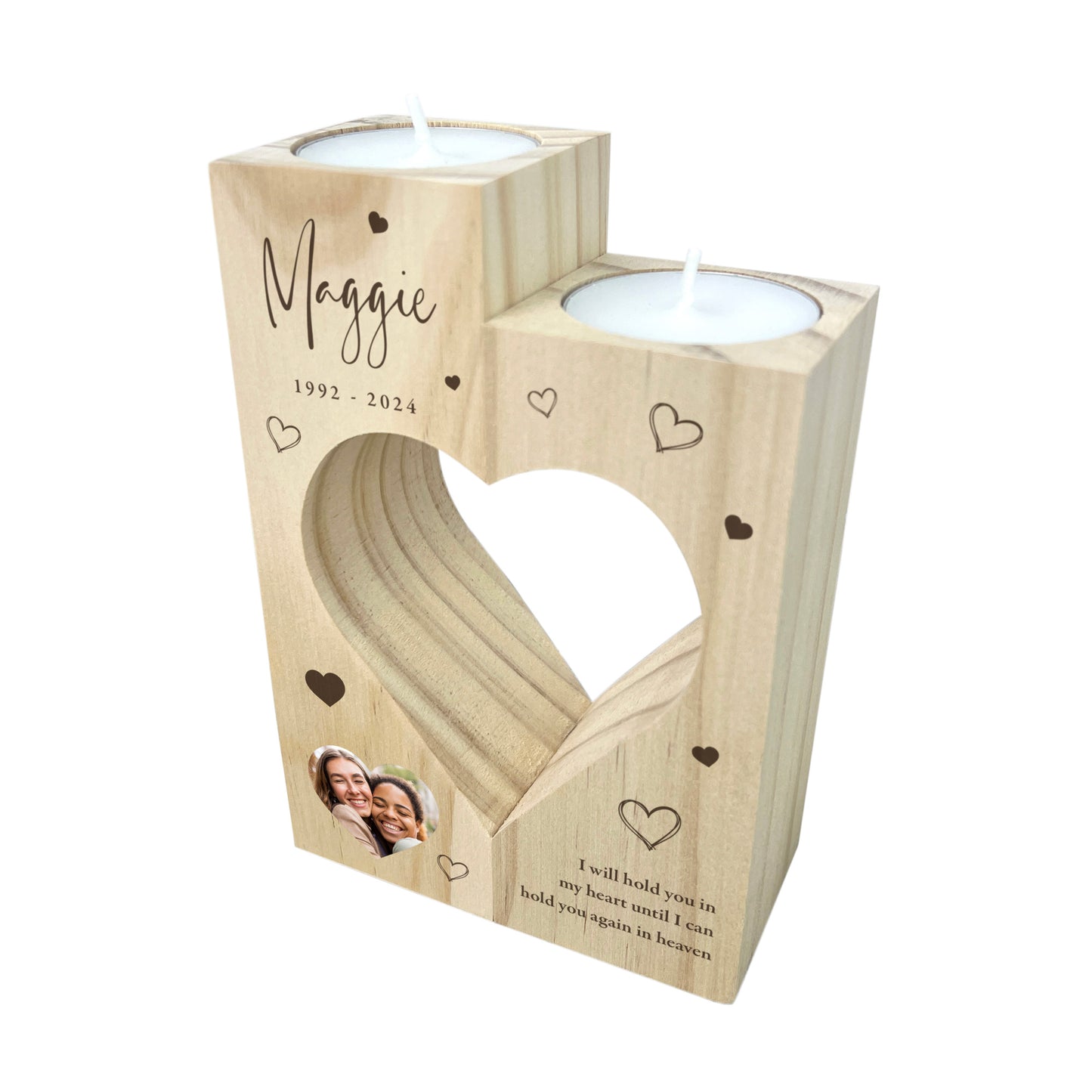 Personalised Solid Wooden Photo Memorial Heart Tea Light Holders