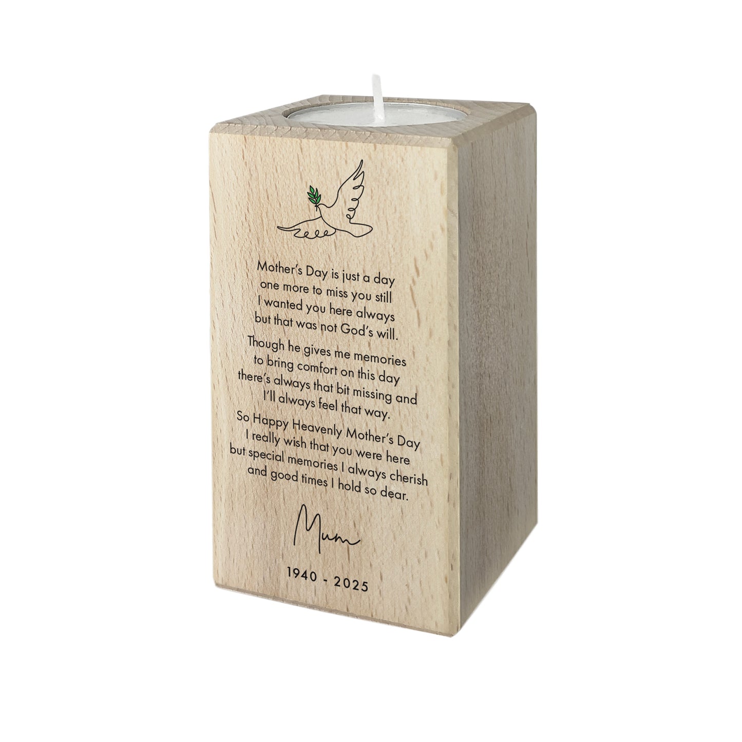 Personalised Happy Heavenly Mother's Day Wooden Tea Light Holder - 2 Sizes