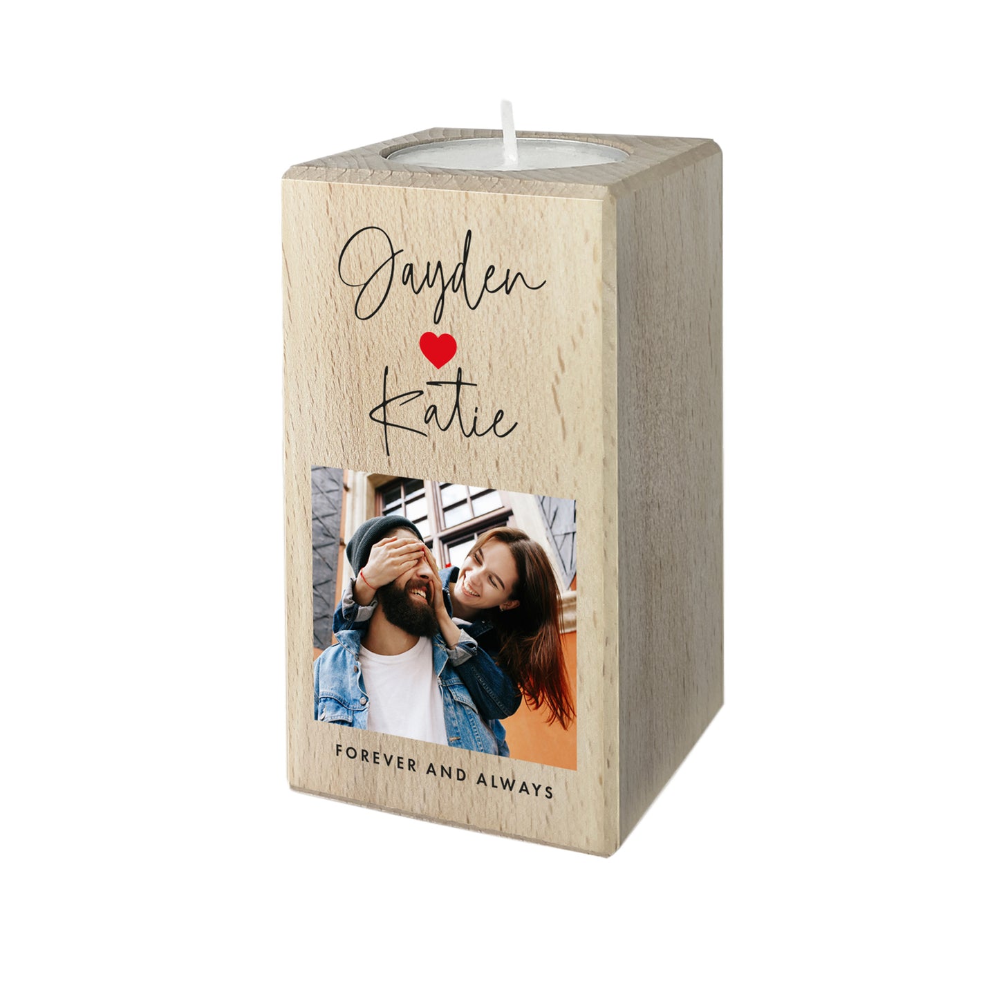 Personalised Couples Names Heart Wooden Tea Light Holder - 2 Sizes