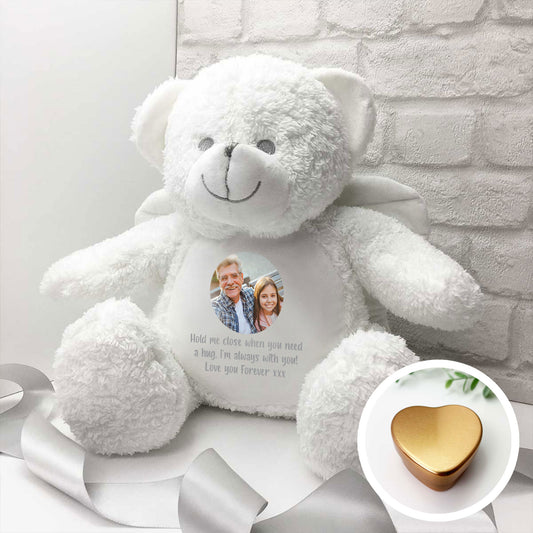 Personalised Photo Ashes Keepsake Memory Bear - White Angel Wings