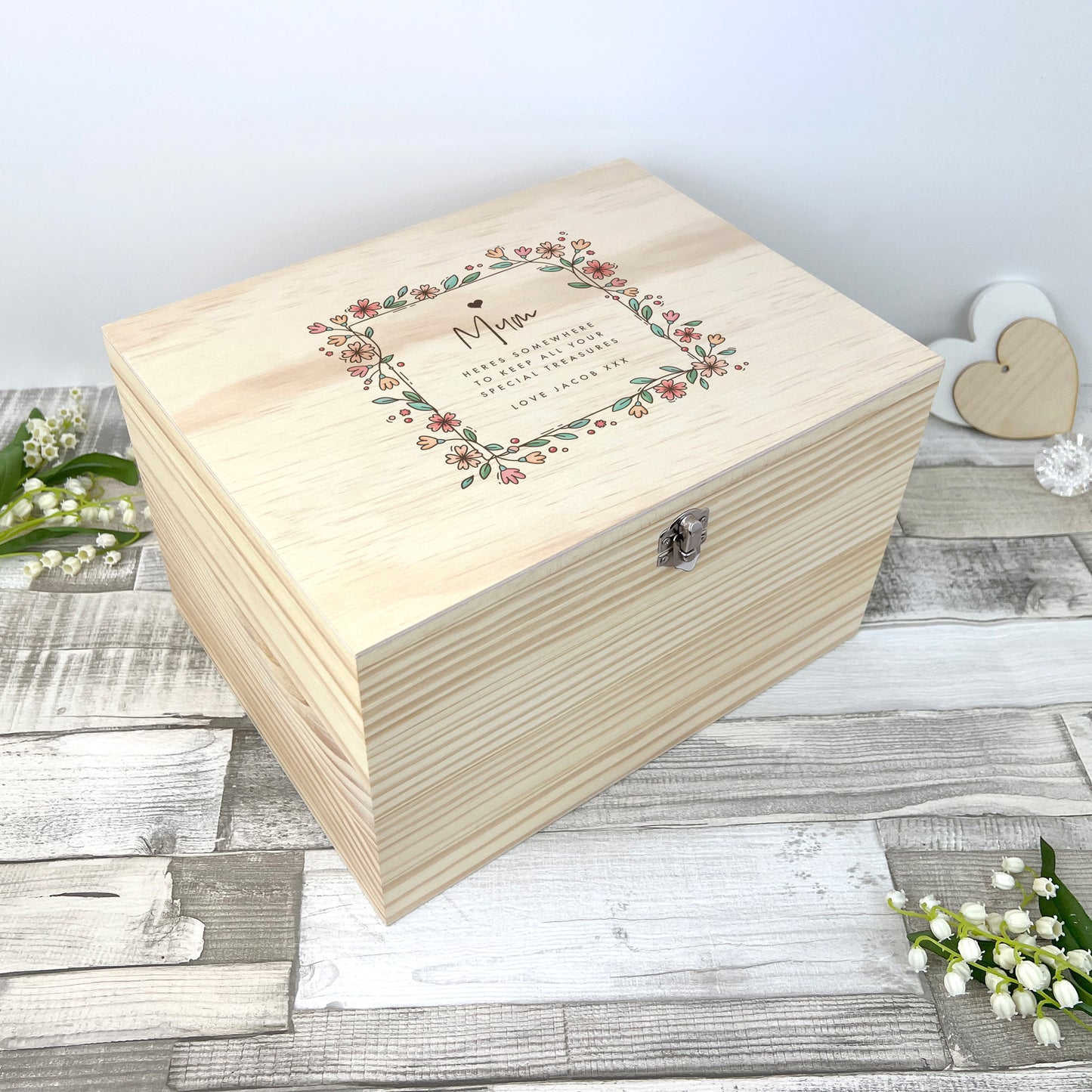 Personalised Any Message Flower Border Pine Memory Box - 5 Sizes (16cm | 20cm | 26cm | 30cm | 36cm)