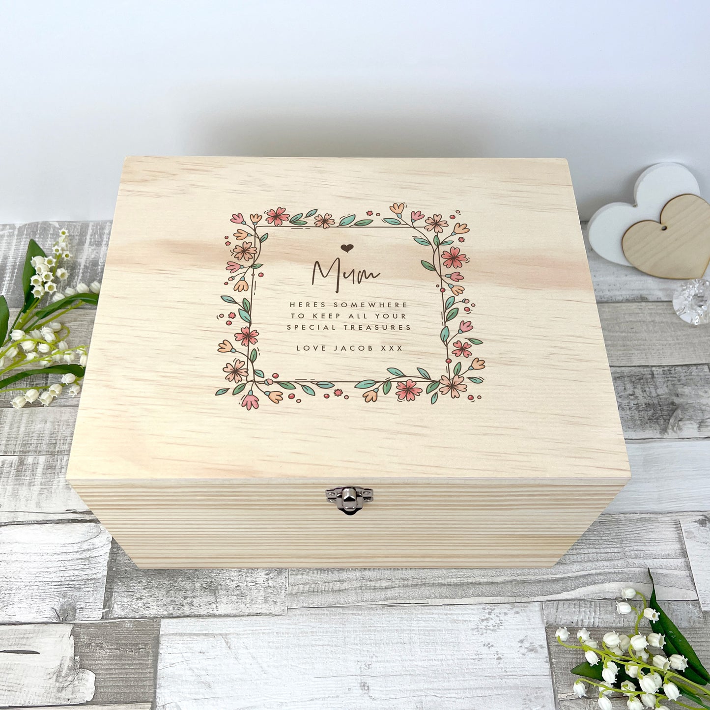 Personalised Any Message Flower Border Pine Memory Box - 5 Sizes (16cm | 20cm | 26cm | 30cm | 36cm)