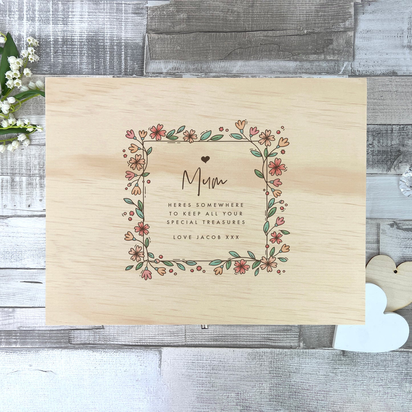 Personalised Any Message Flower Border Pine Memory Box - 5 Sizes (16cm | 20cm | 26cm | 30cm | 36cm)