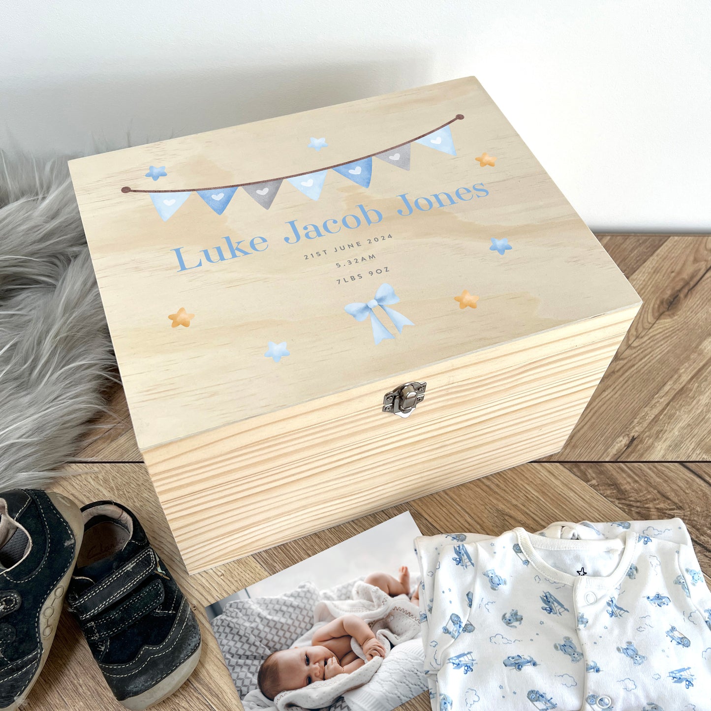 Personalised Blue Garland New Baby Keepsake Box - 5 Sizes (16cm | 20cm | 26cm | 30cm | 36cm)