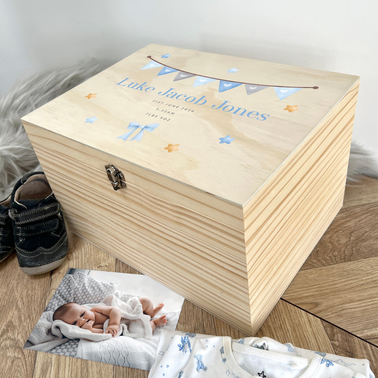 Personalised Blue Garland New Baby Keepsake Box - 5 Sizes (16cm | 20cm | 26cm | 30cm | 36cm)