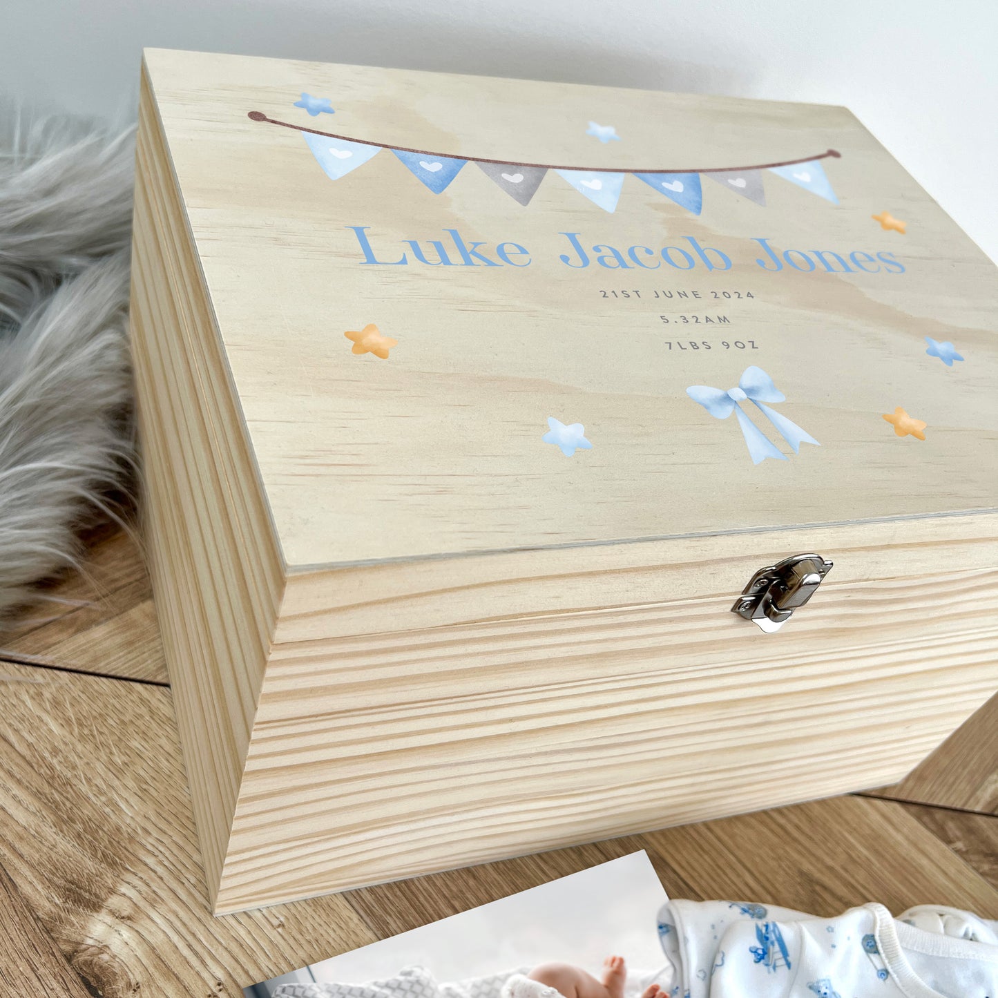 Personalised Blue Garland New Baby Keepsake Box - 5 Sizes (16cm | 20cm | 26cm | 30cm | 36cm)