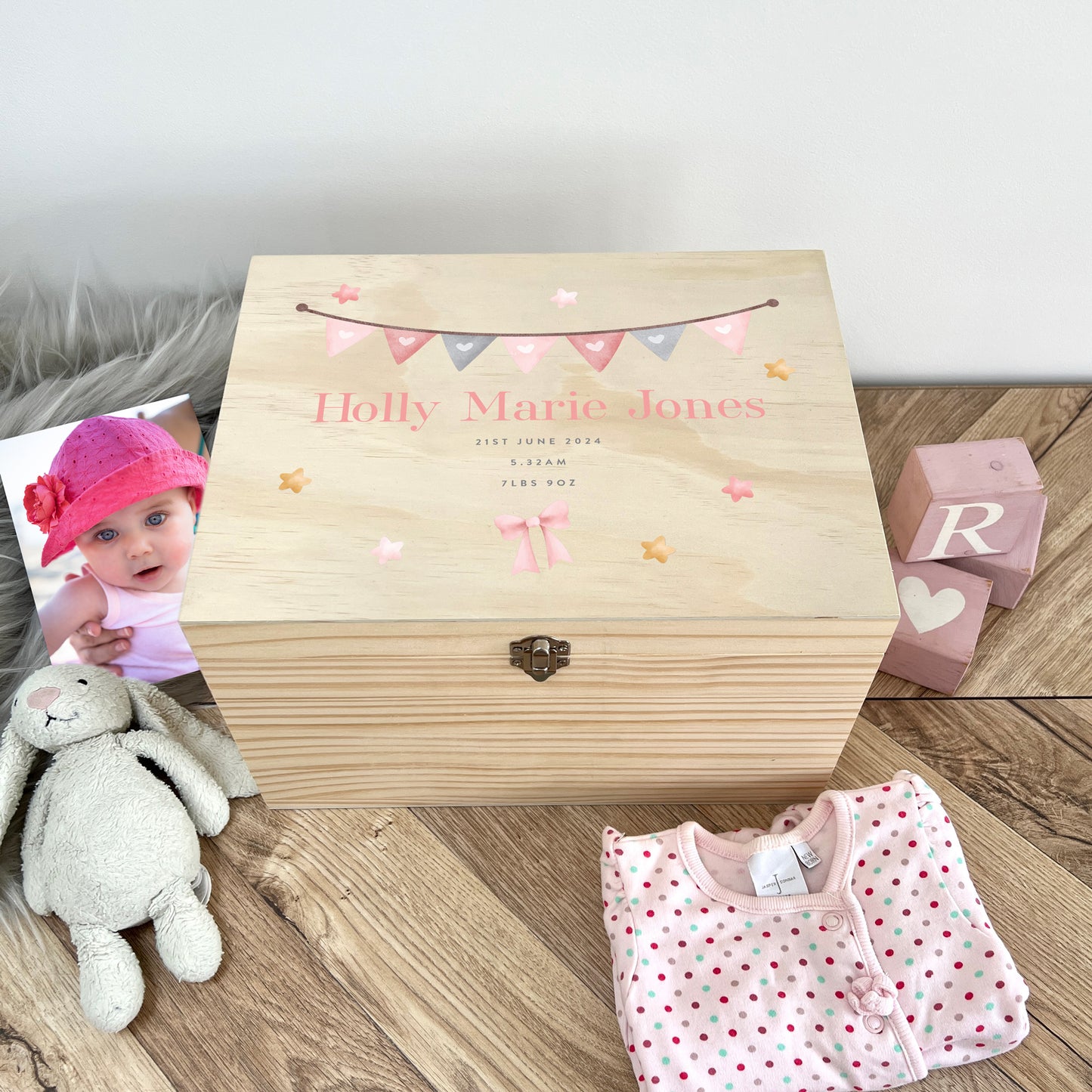 Personalised Pink Garland New Baby Keepsake Box - 5 Sizes (16cm | 20cm | 26cm | 30cm | 36cm)