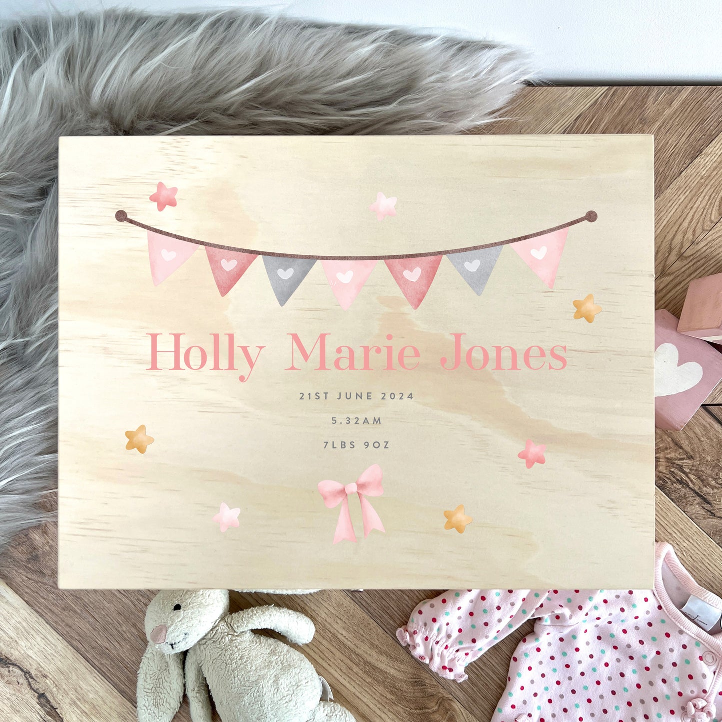 Personalised Pink Garland New Baby Keepsake Box - 5 Sizes (16cm | 20cm | 26cm | 30cm | 36cm)