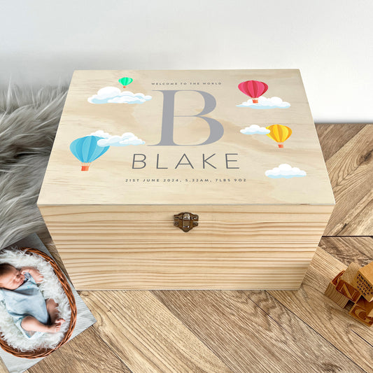 Personalised Hot Air Balloon New Baby Keepsake Box - 5 Sizes (16cm | 20cm | 26cm | 30cm | 36cm)