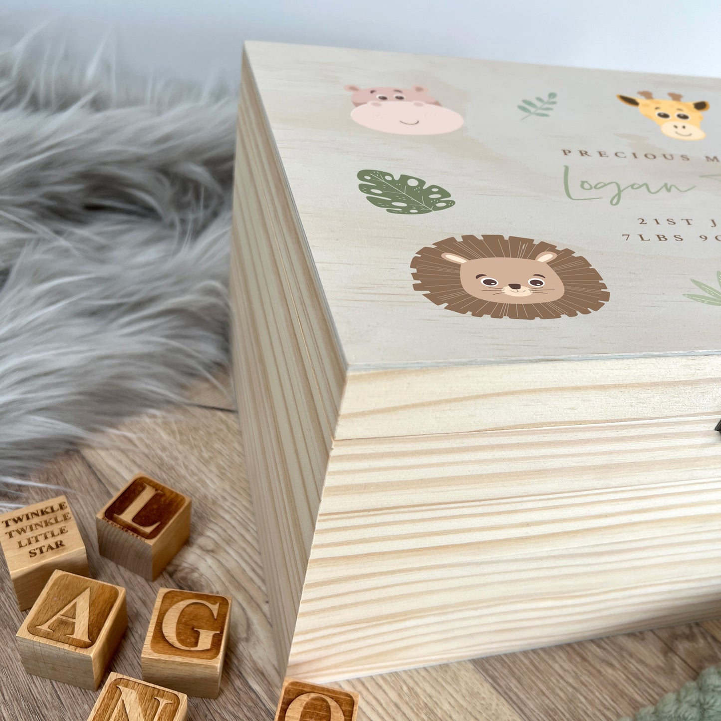 Personalised Jungle Animals New Baby Keepsake Box - 5 Sizes (16cm | 20cm | 26cm | 30cm | 36cm)