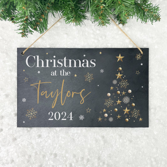 Personalised Festive Gold Slate Hanging Sign 25 x 15cm