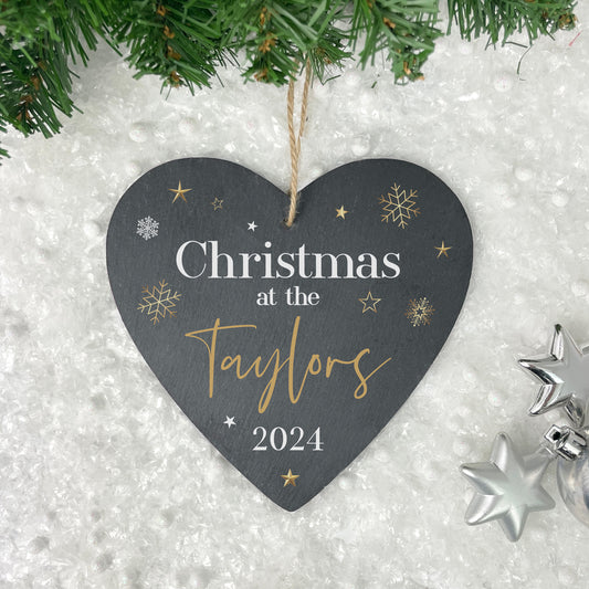 Personalised Festive Gold Slate Hanging Heart Decoration 15 x 16cm