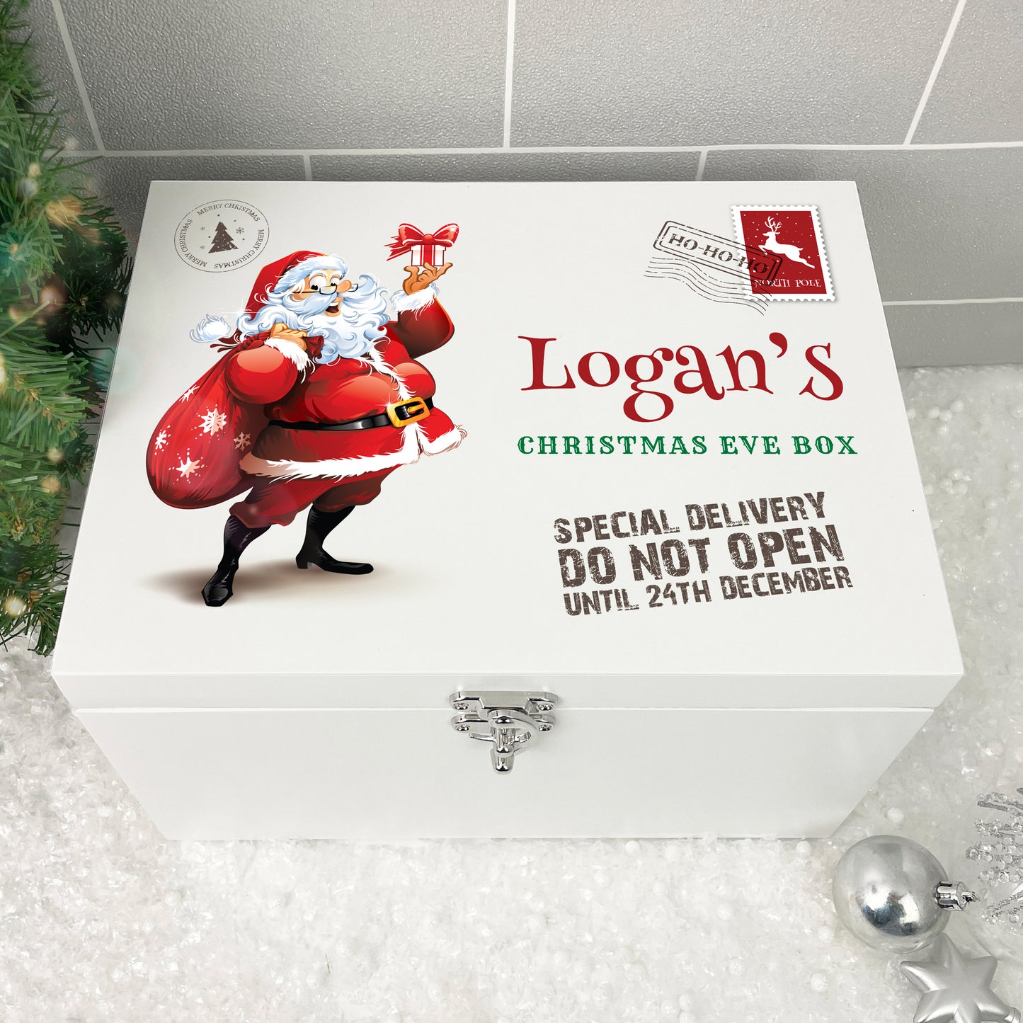 Personalised White Wooden Cartoon Santa Christmas Eve Box - 3 Sizes (22cm | 27cm | 30cm)