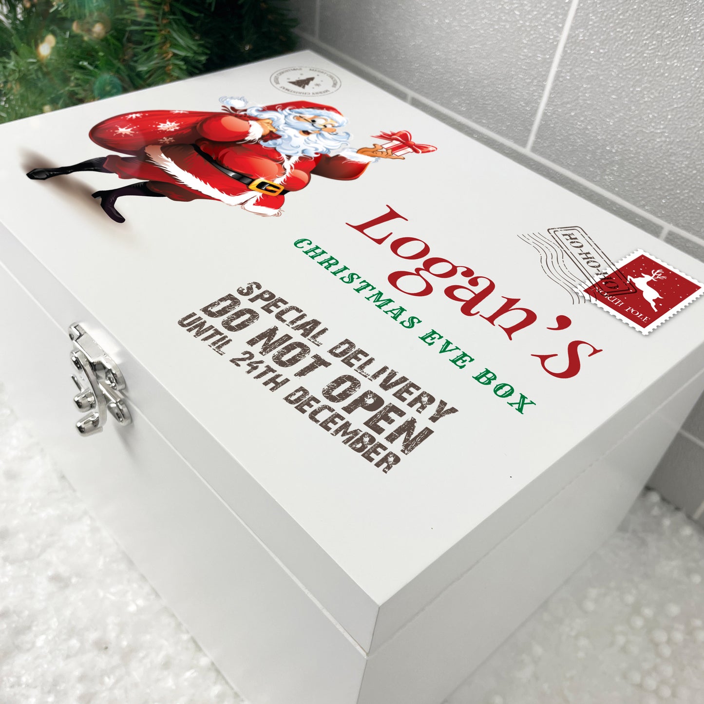 Personalised White Wooden Cartoon Santa Christmas Eve Box - 3 Sizes (22cm | 27cm | 30cm)