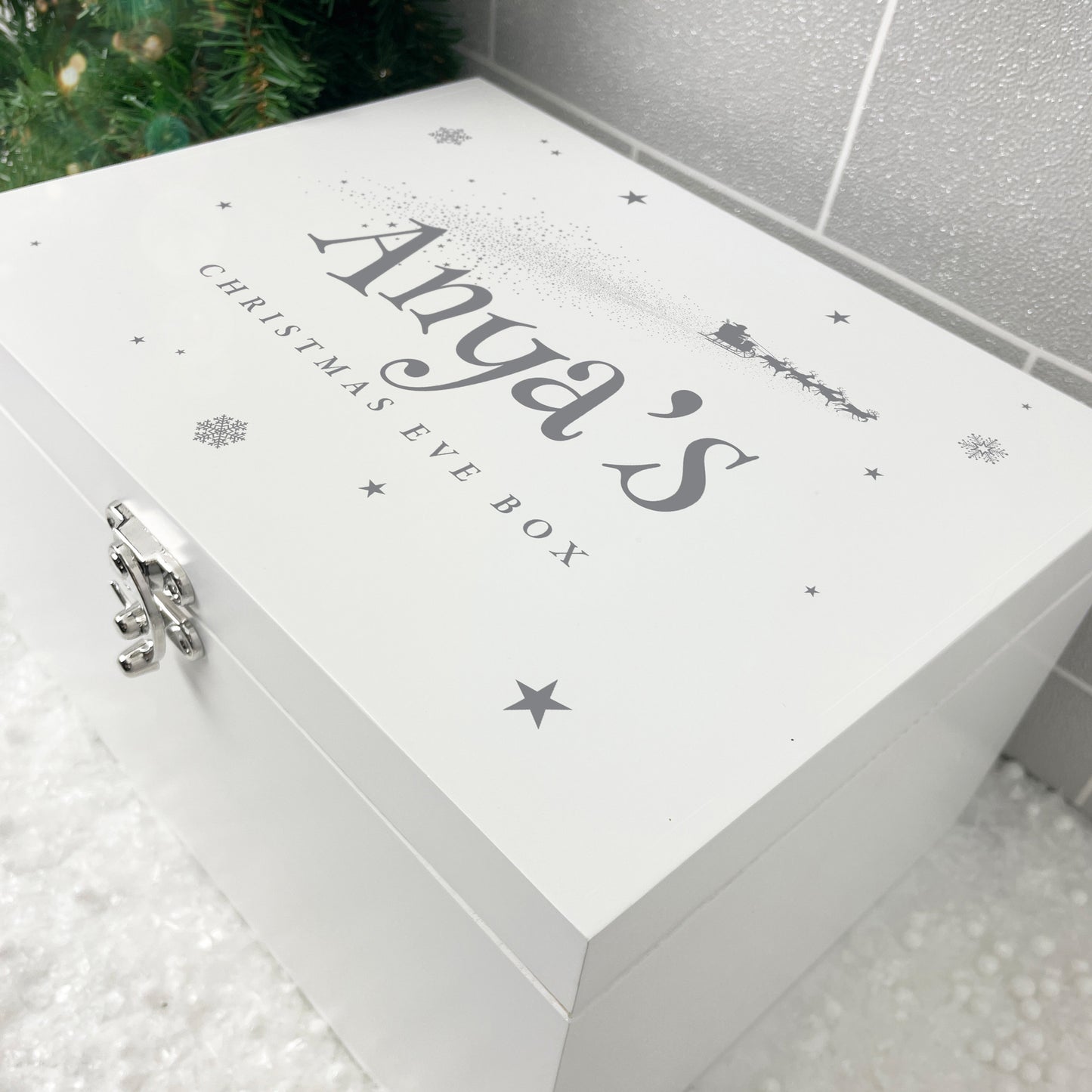 Personalised White Wooden Santa Sleigh Christmas Eve Box - 3 Sizes (22cm | 27cm | 30cm)