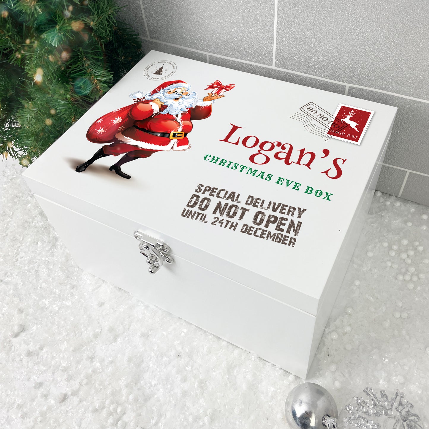 Personalised White Wooden Cartoon Santa Christmas Eve Box - 3 Sizes (22cm | 27cm | 30cm)