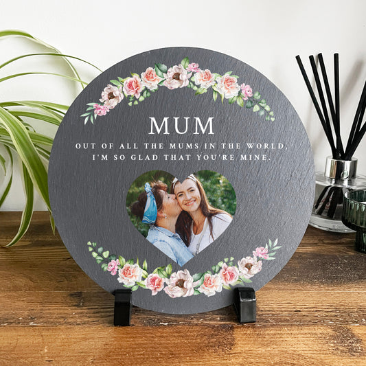 Personalised Any Message Pink Floral Circular Decorative Slate With Stand 20cm