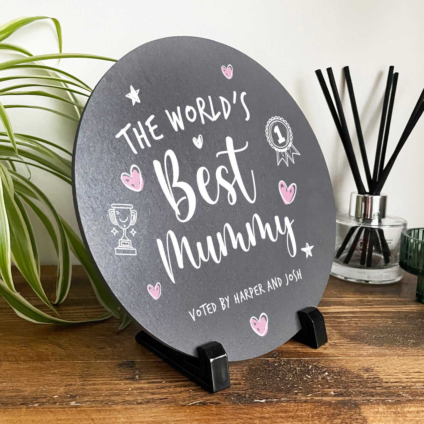 Personalised The World's Best Mum Circular Slate With Stand 20cm