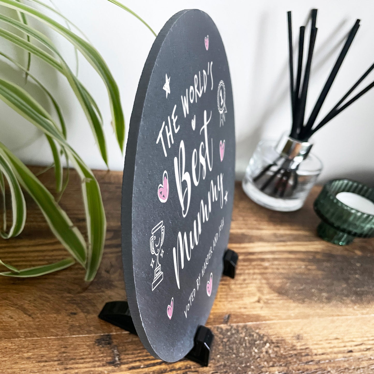 Personalised The World's Best Mum Circular Slate With Stand 20cm