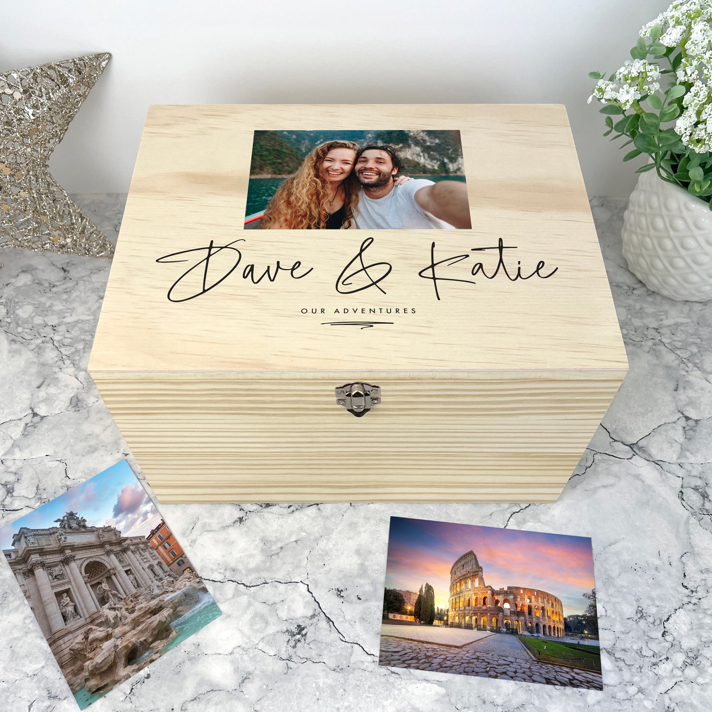 Personalised Couples Names Pine Photo Keepsake Memory Box - 5 Sizes (16cm | 20cm | 26cm | 30cm | 36cm)