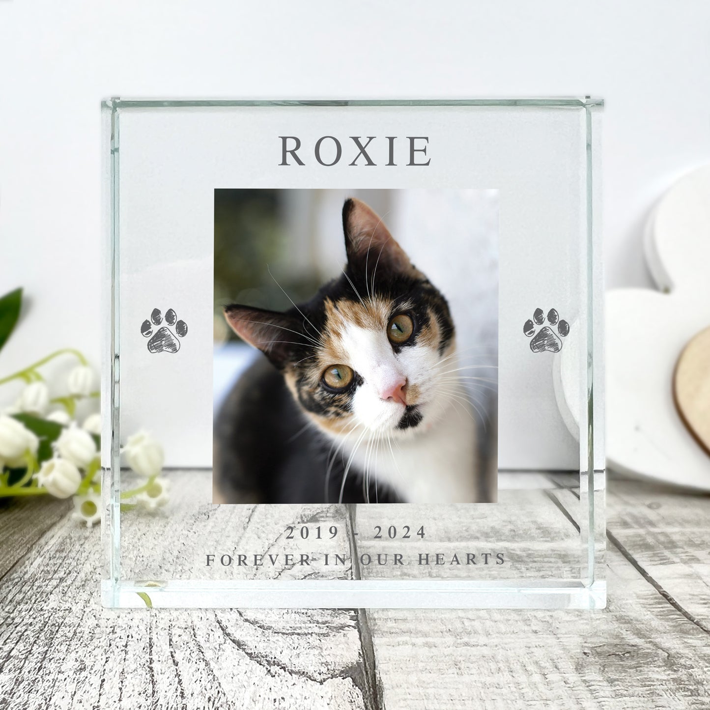 Personalised Pet Paw Prints Memorial Photo Crystal Token