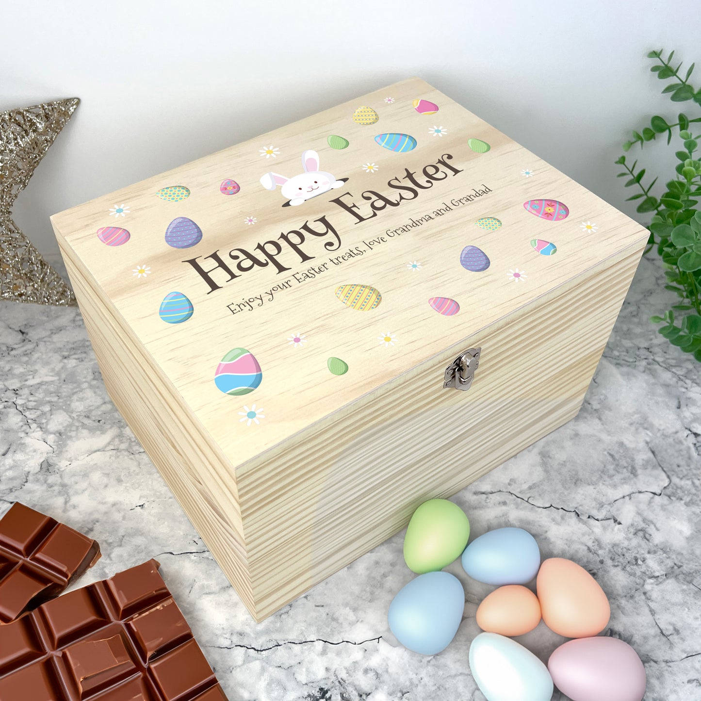 Personalised Pastel Easter Eggs Wooden Hamper Box - 5 Sizes (16cm | 20cm | 26cm | 30cm | 36cm)