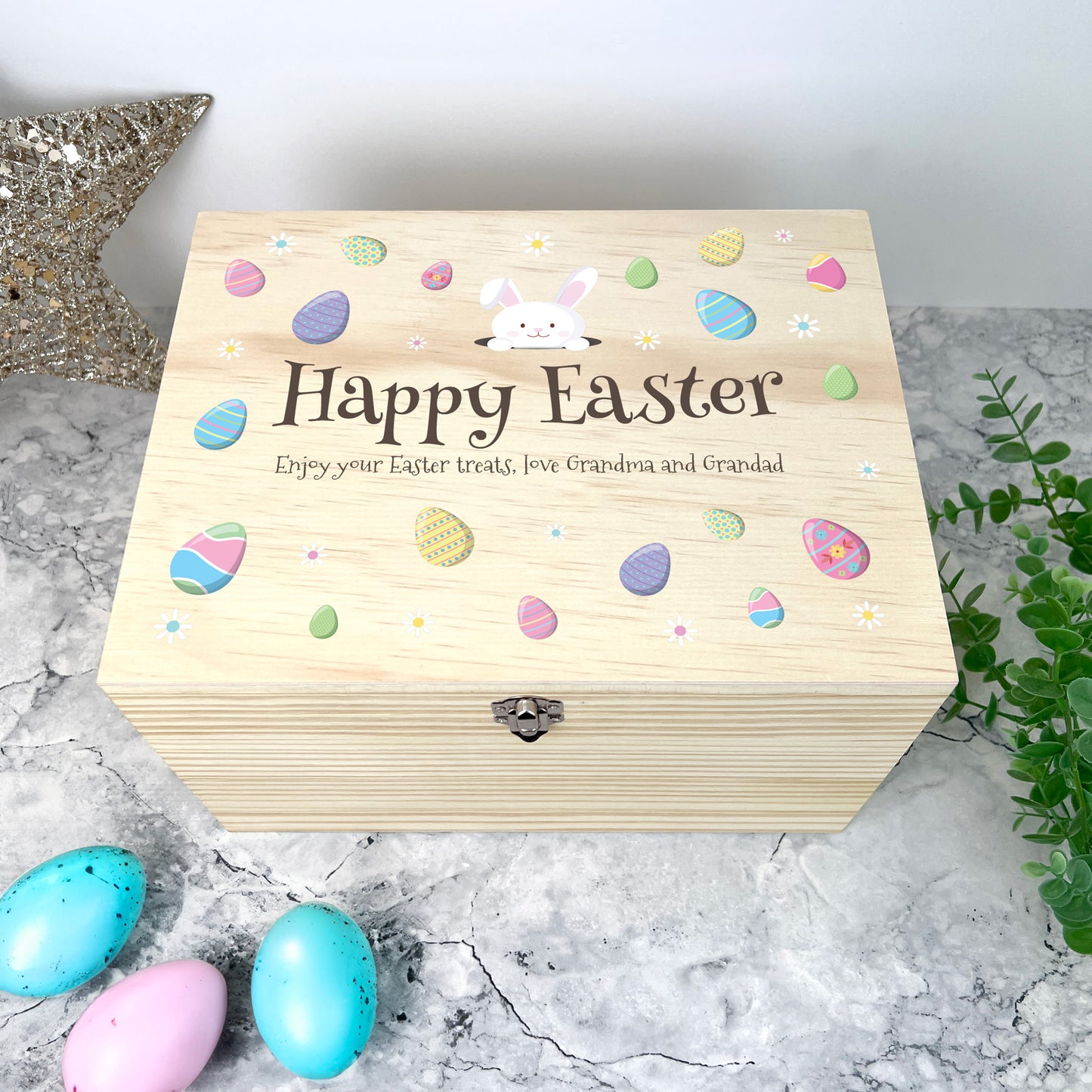 Personalised Pastel Easter Eggs Wooden Hamper Box - 5 Sizes (16cm | 20cm | 26cm | 30cm | 36cm)