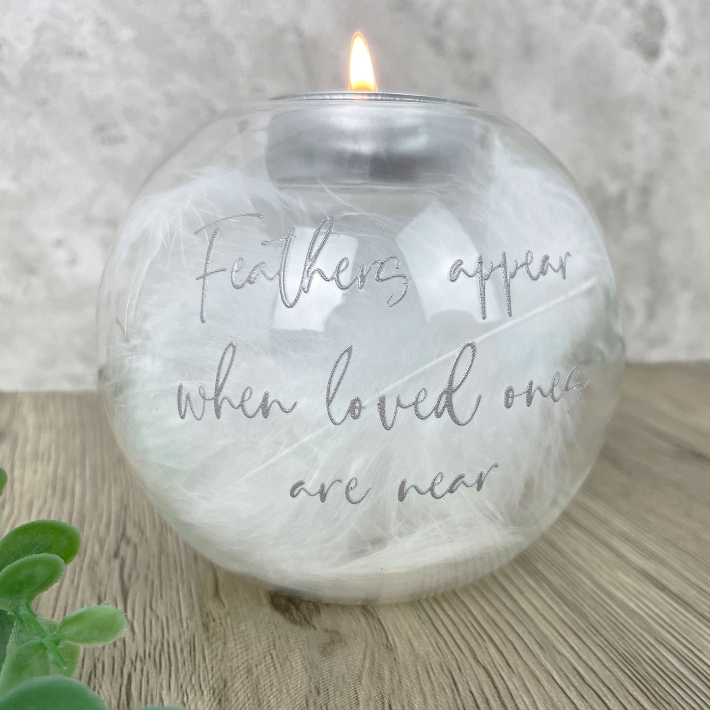 Personalised 'Feathers Appear' Feather Filled Glass Memorial Tea Light Holder