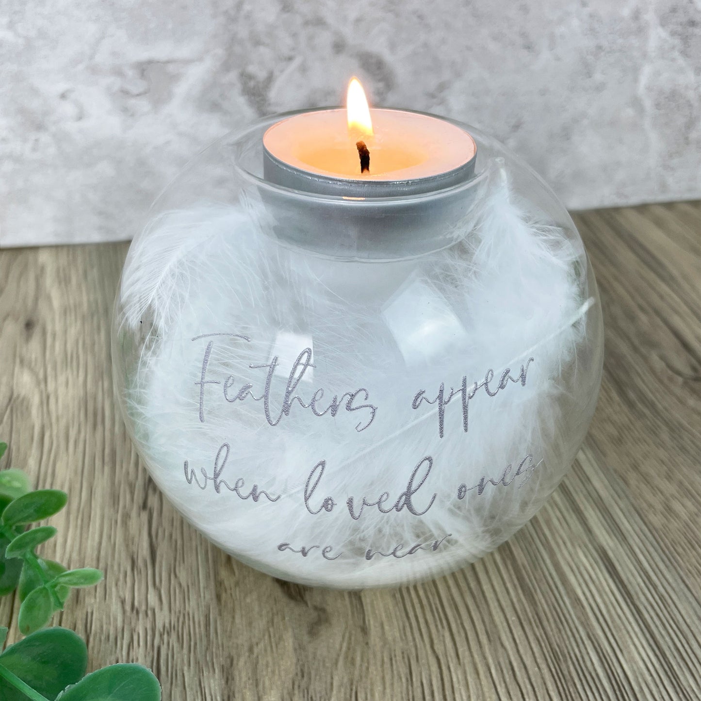 Personalised 'Feathers Appear' Feather Filled Glass Memorial Tea Light Holder