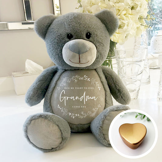 Personalised Wreath Ashes Keepsake Memory Bear - Grey