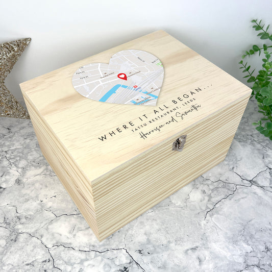 Personalised Map Location Heart Wooden Keepsake Memory Box - 5 Sizes (16cm | 20cm | 26cm | 30cm | 36cm)