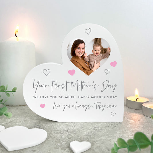 Personalised First Mother's Day White Freestanding Heart