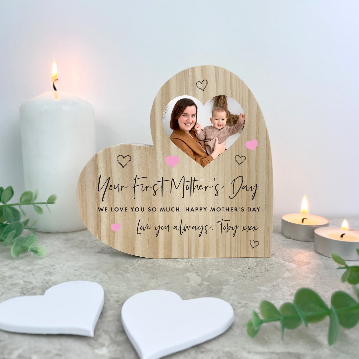 Personalised First Mother's Day Wooden Freestanding Heart