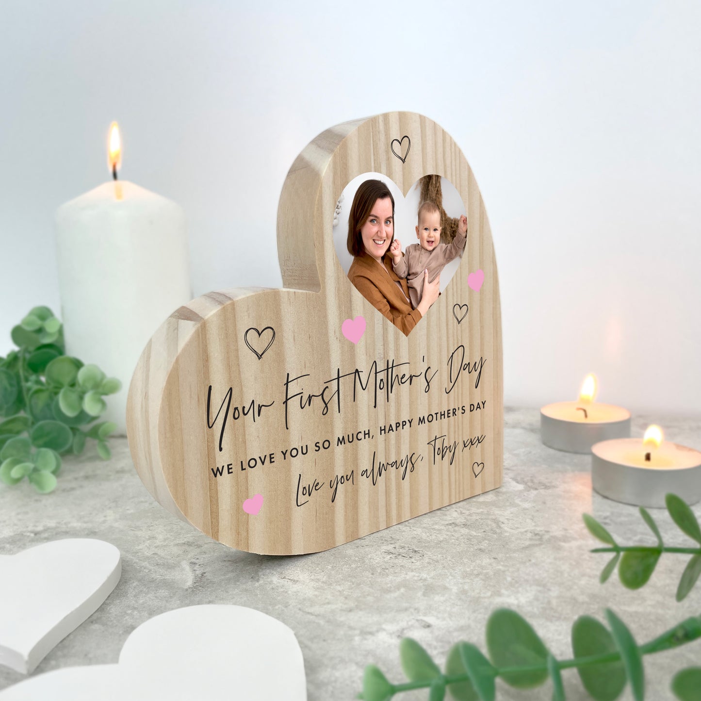 Personalised First Mother's Day Wooden Freestanding Heart