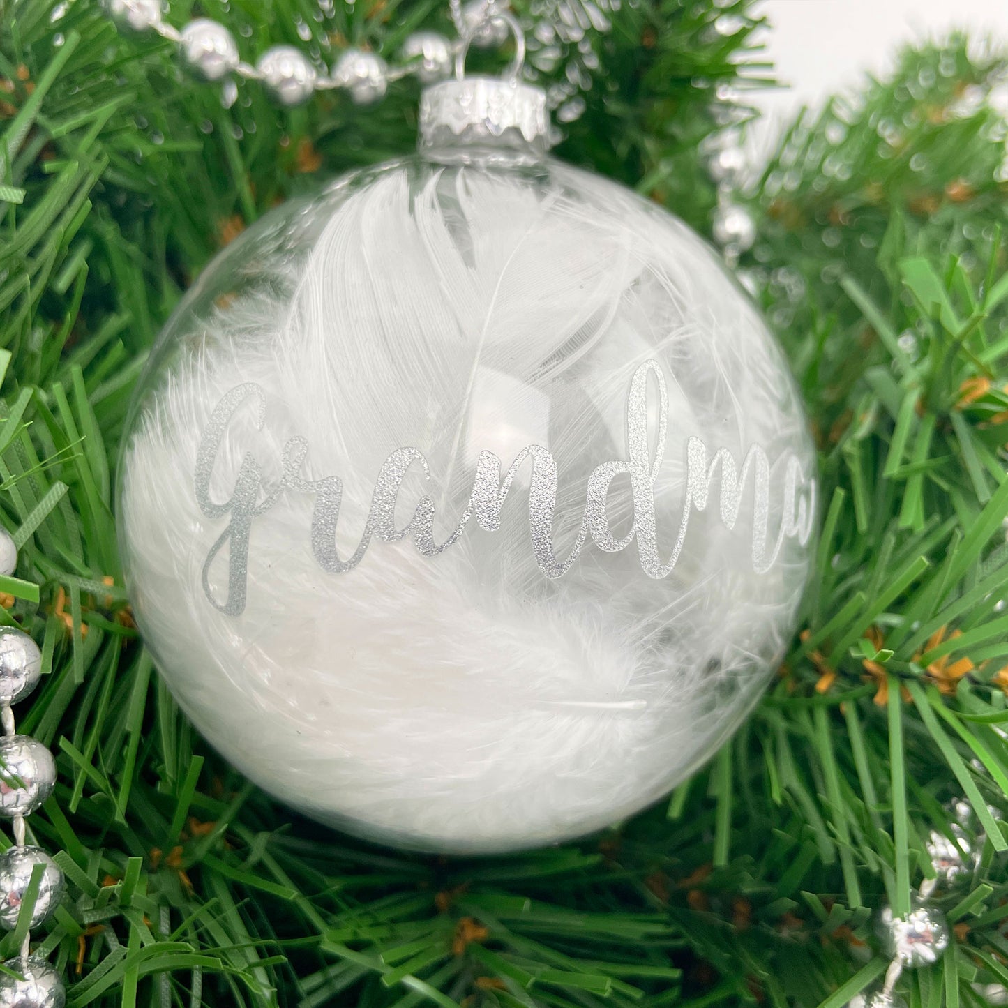 Personalised White Feather Filled In Loving Memory Glass Memorial Bauble