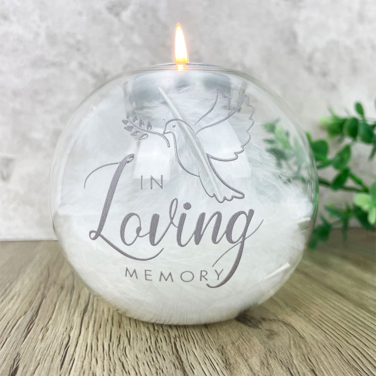 Personalised Feather Filled Glass In Loving Memory Tea Light Holder