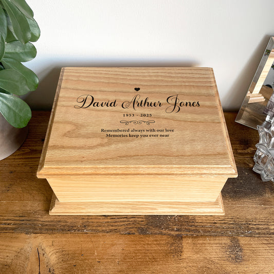 Personalised Heart Deluxe Solid Oak Adult Cremation Urn For Ashes