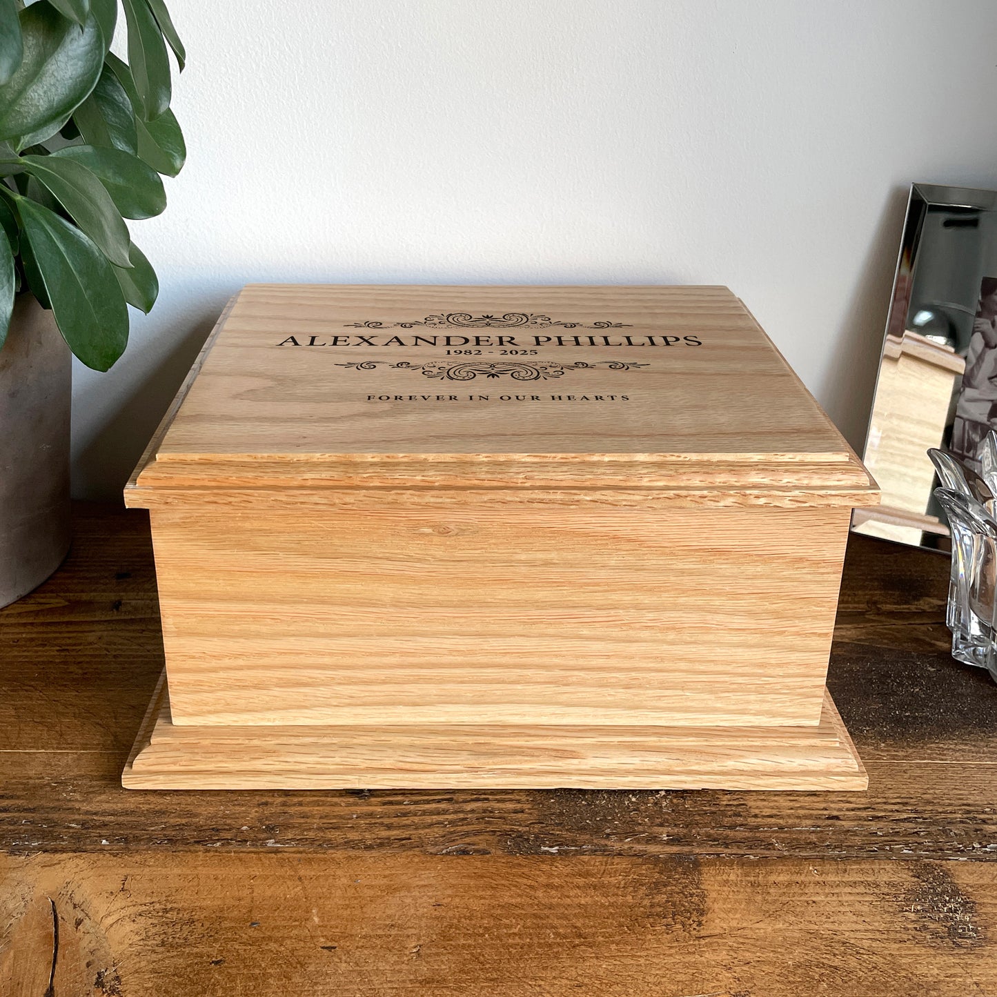 Personalised Scroll Deluxe Solid Oak Adult Cremation Urn For Ashes