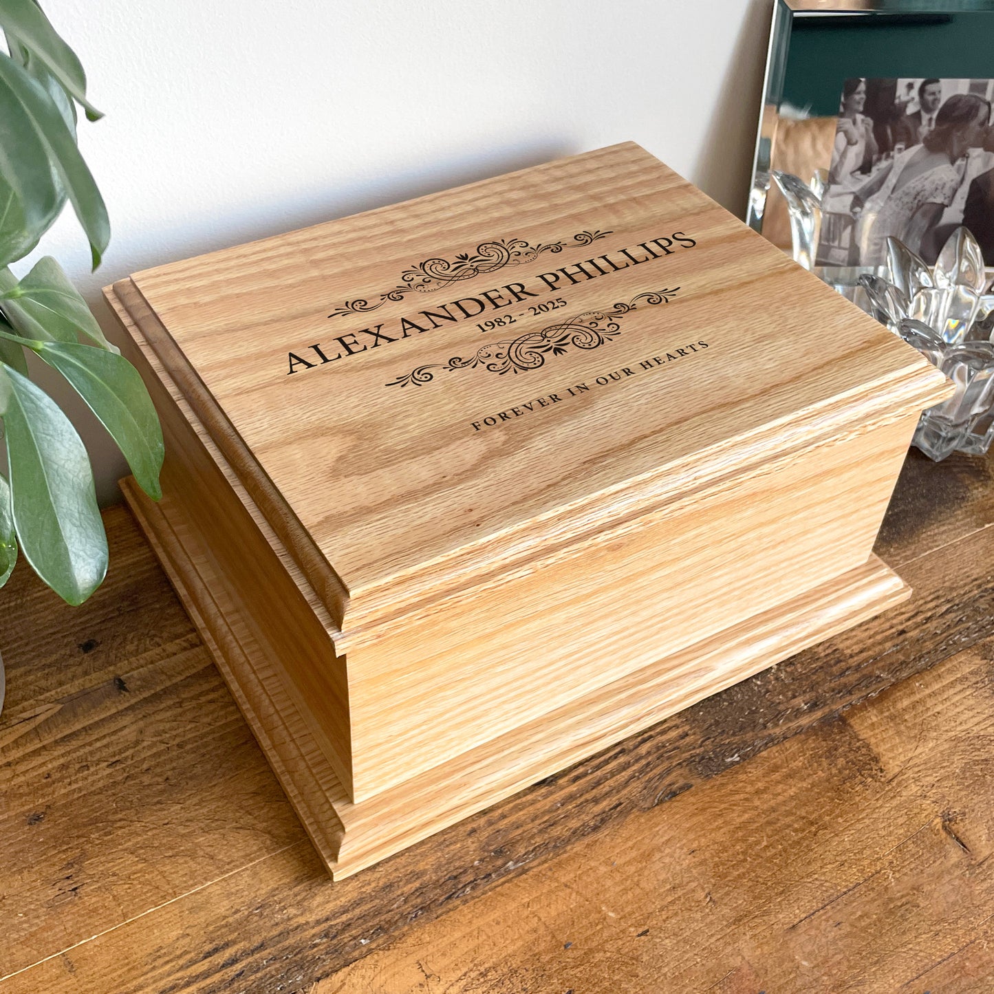 Personalised Scroll Deluxe Solid Oak Adult Cremation Urn For Ashes