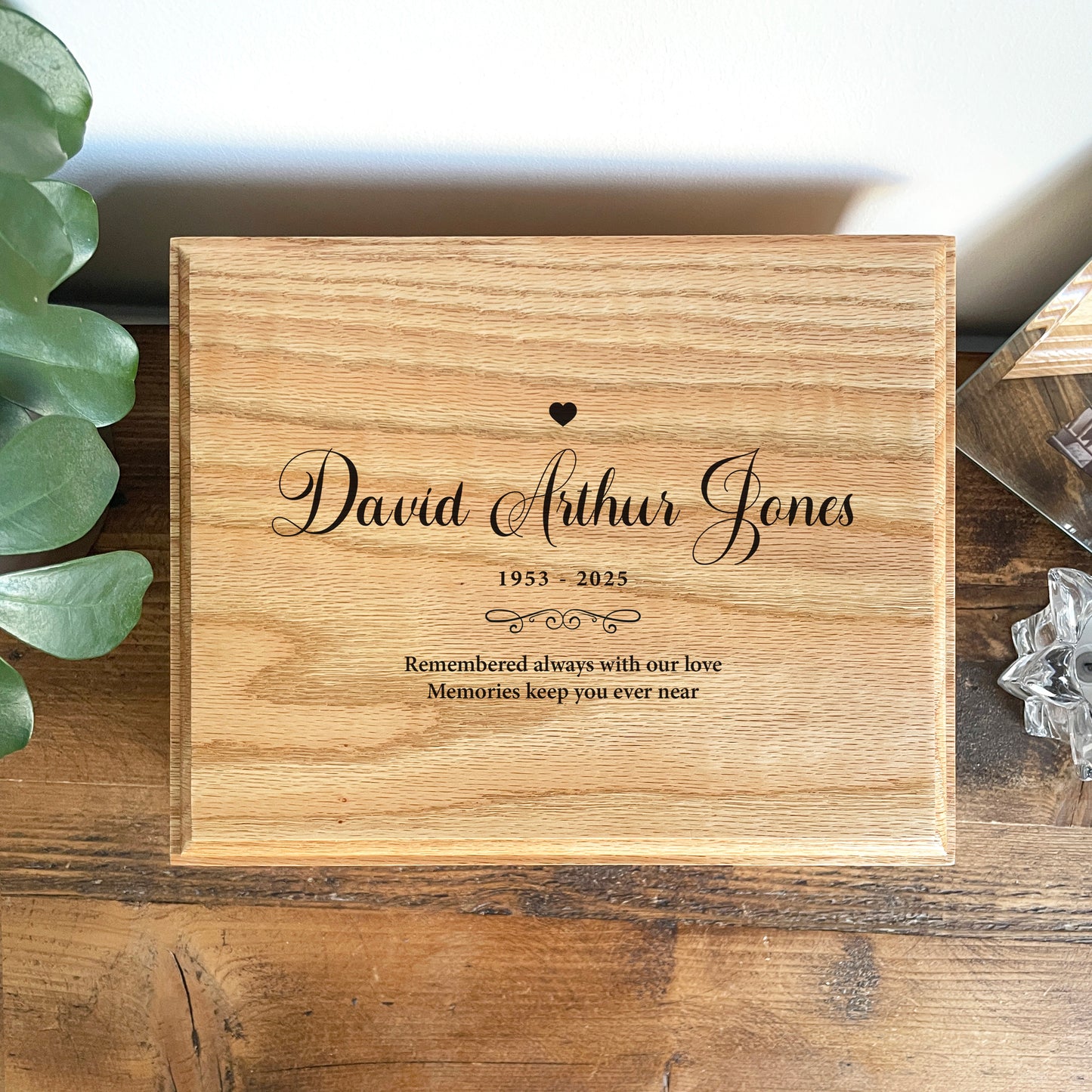 Personalised Heart Deluxe Solid Oak Adult Cremation Urn For Ashes