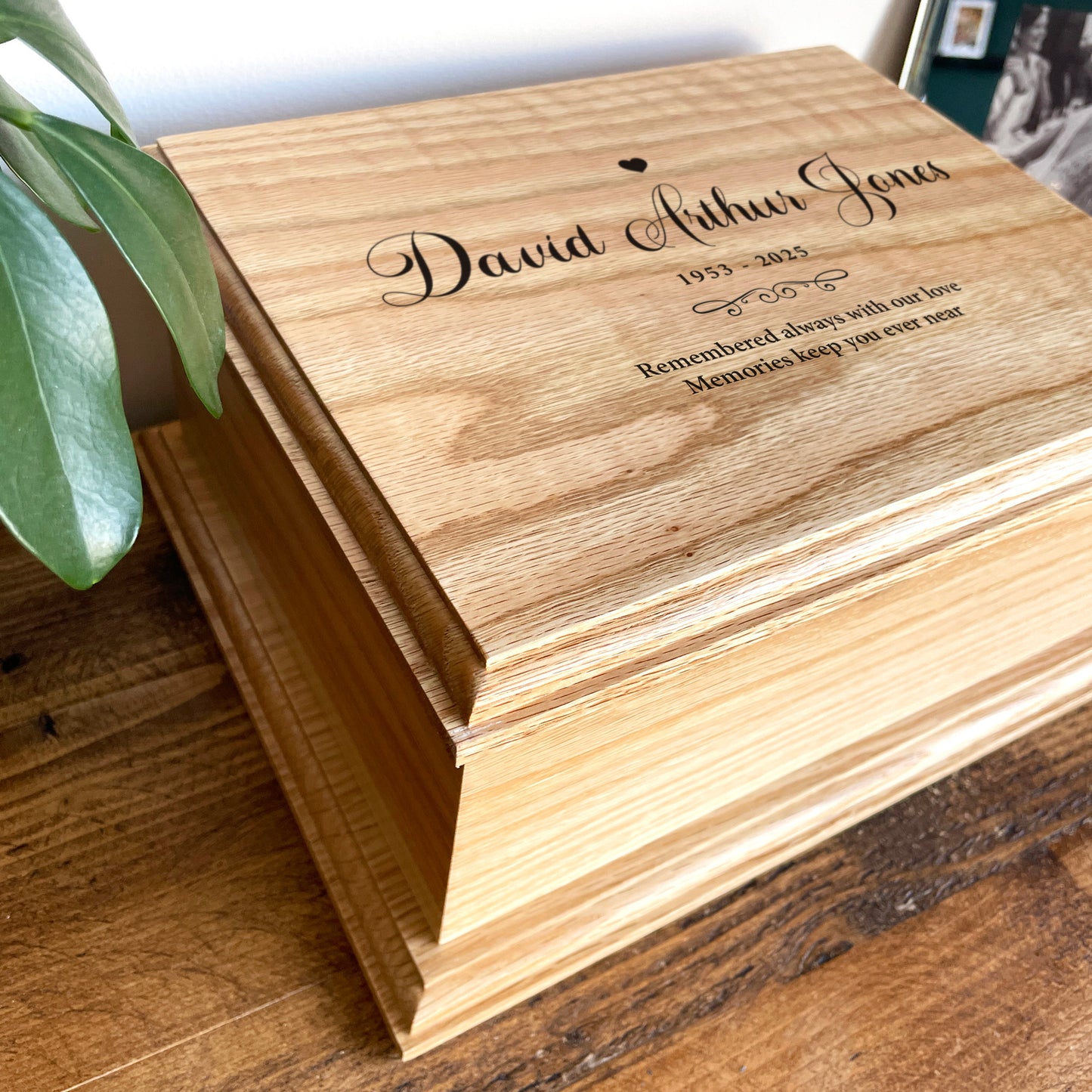 Personalised Heart Deluxe Solid Oak Adult Cremation Urn For Ashes