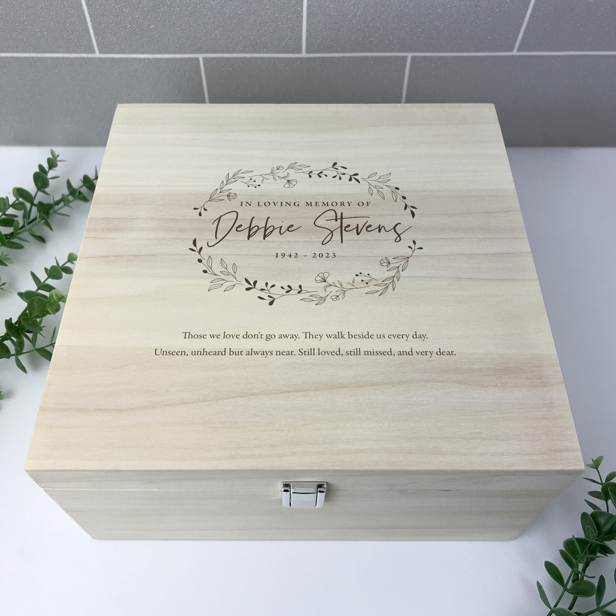 Personalised Luxury Square 28cm Wooden Wreath Keepsake Memory Box