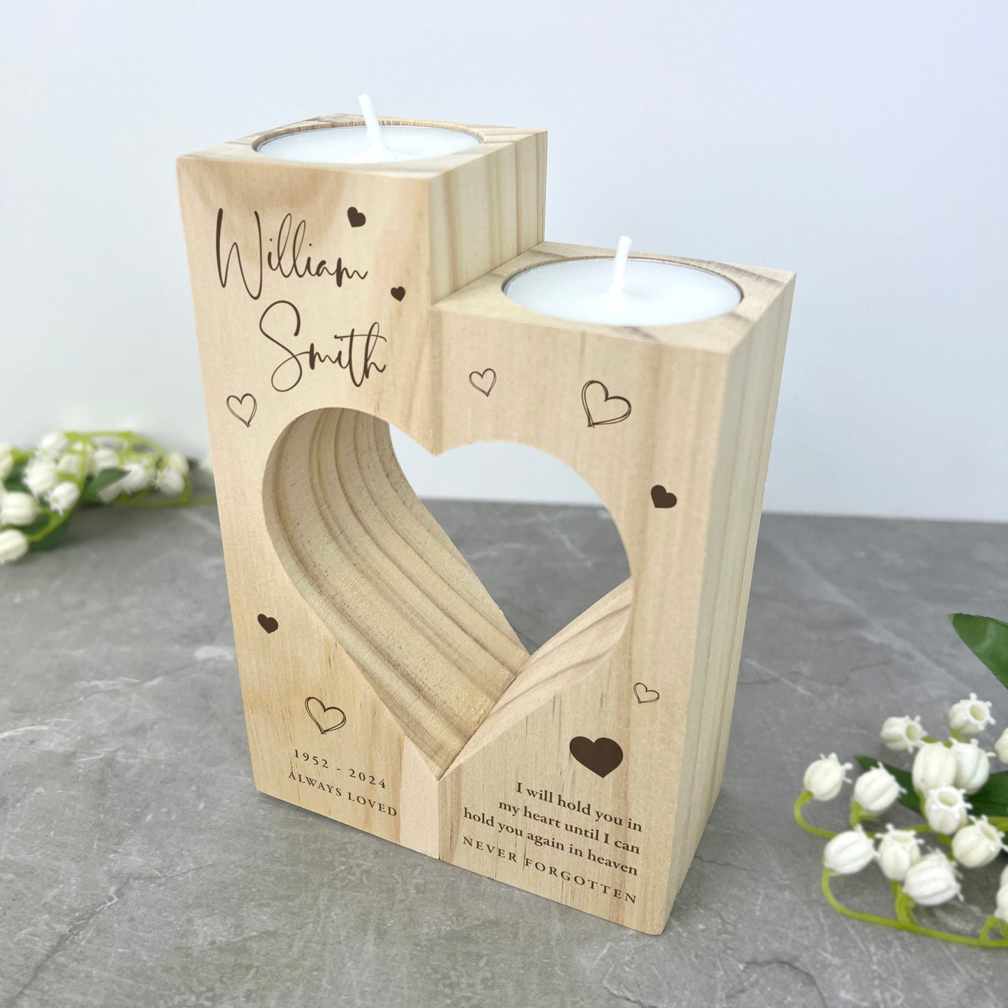 Personalised Solid Wooden Memorial Heart Tea Light Holders