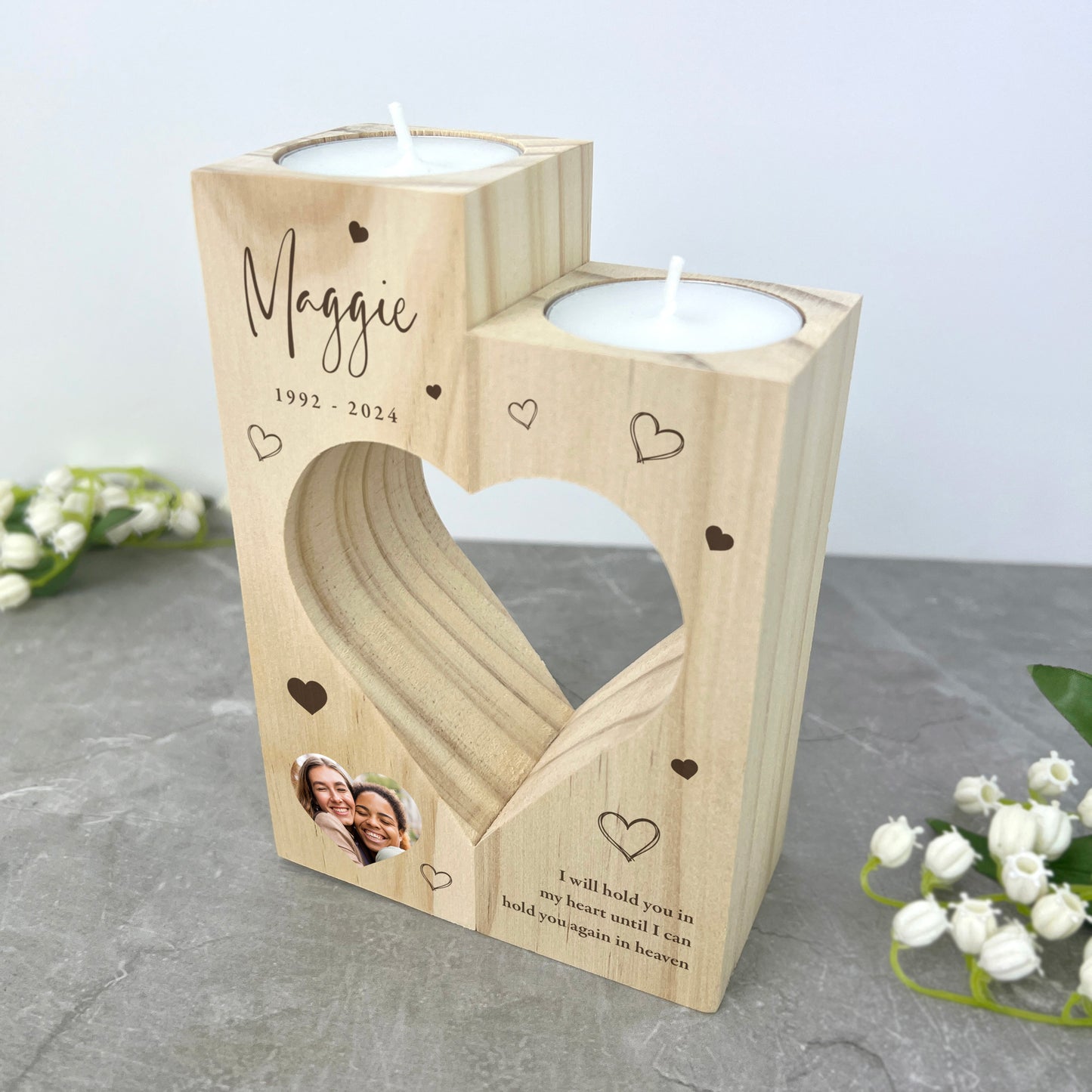 Personalised Solid Wooden Photo Memorial Heart Tea Light Holders