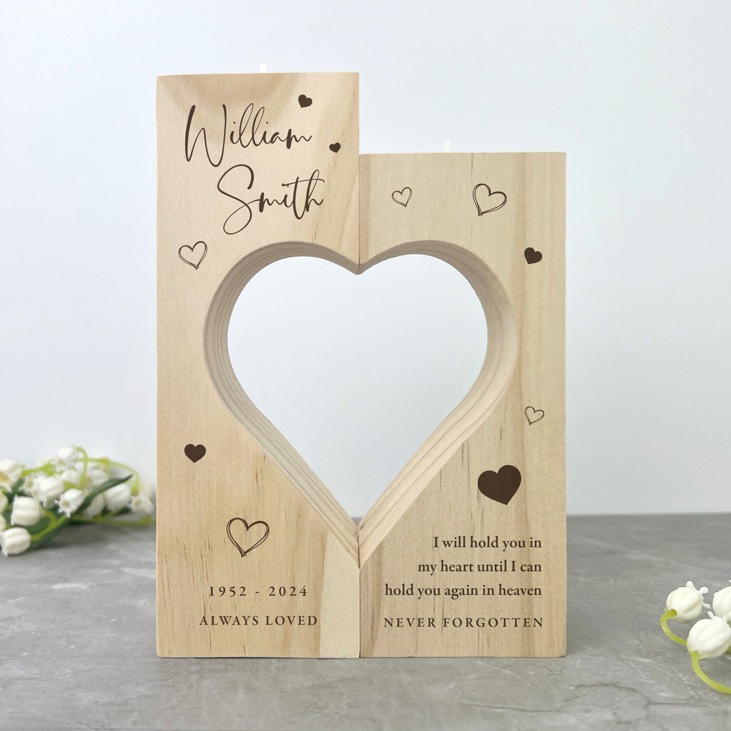 Personalised Solid Wooden Memorial Heart Tea Light Holders