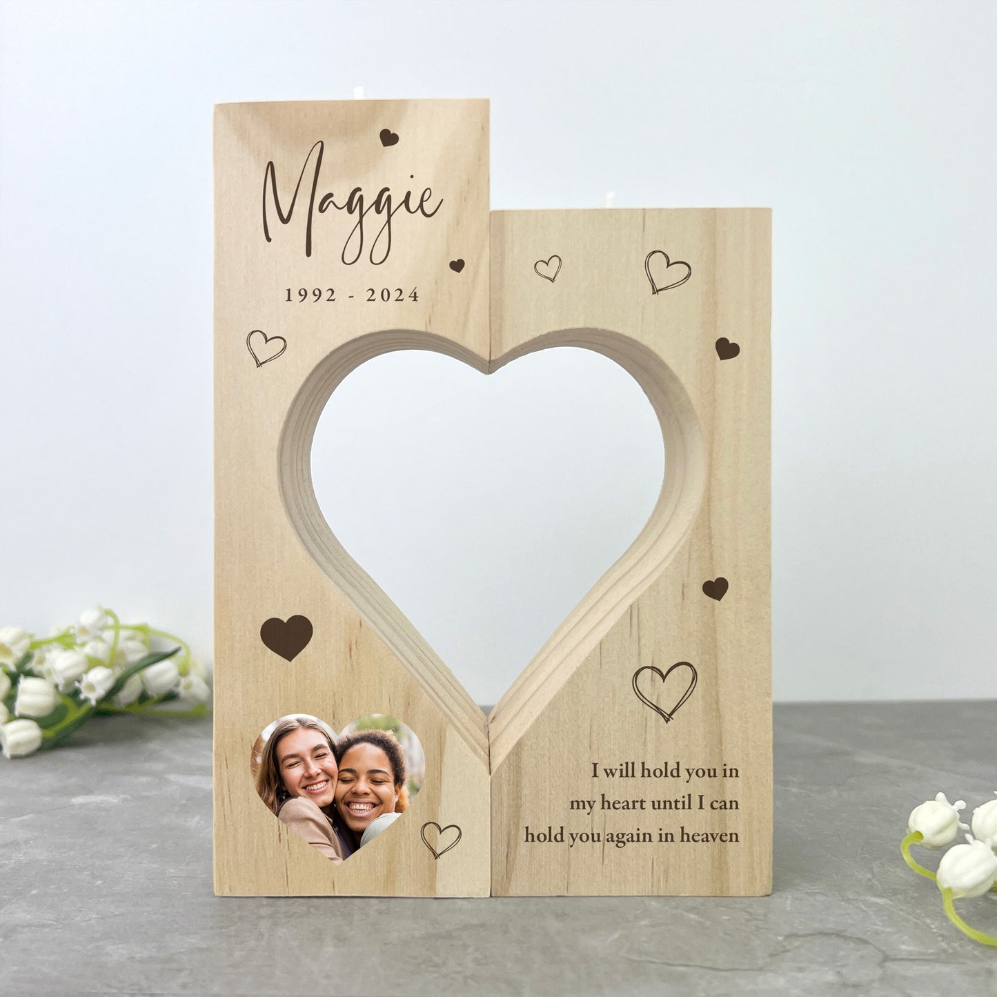 Personalised Solid Wooden Photo Memorial Heart Tea Light Holders